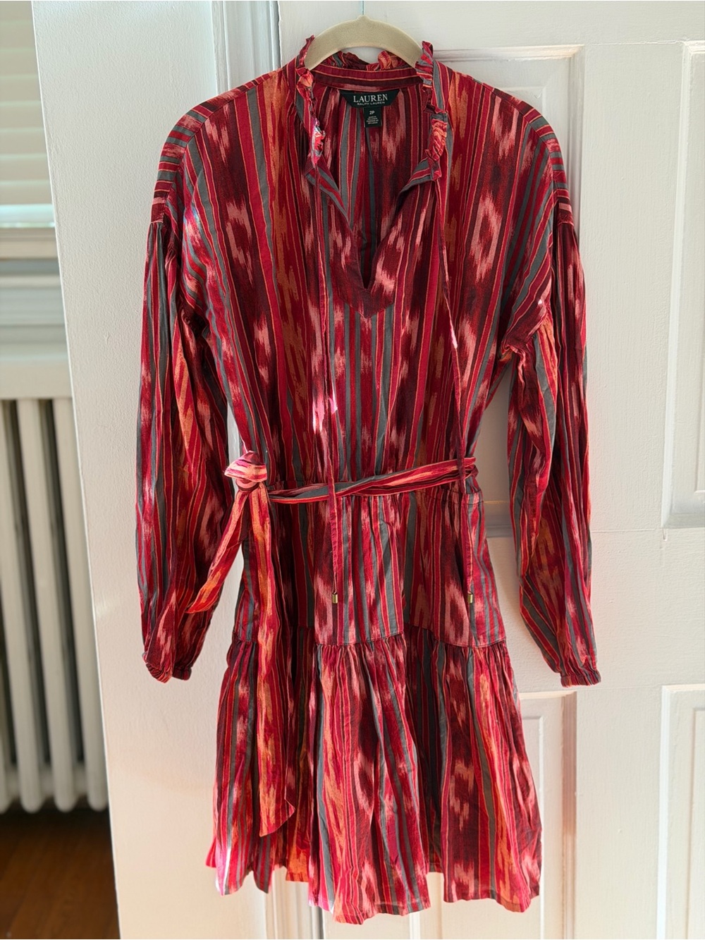 Lauren Ralph Lauren Striped Long Sleeve Mini Dress in Red & Gray Size 2P